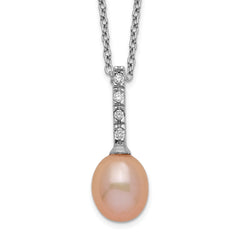 Sterling Silver Rhod-plat 7-8mm Pink FWC Pearl CZ Necklace