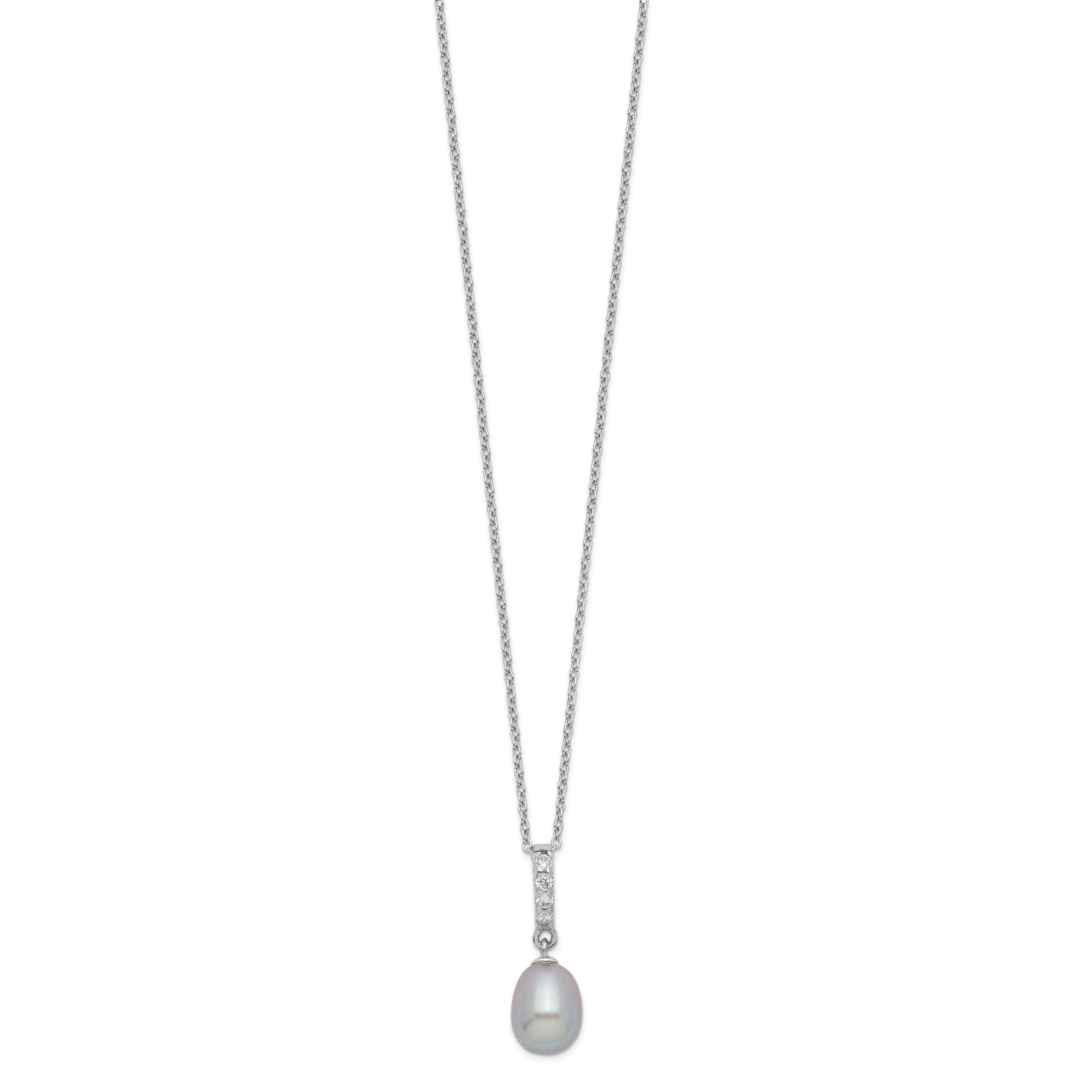 Sterling Silver Rhod-plat 8-9mm Grey FWC Pearl CZ Necklace