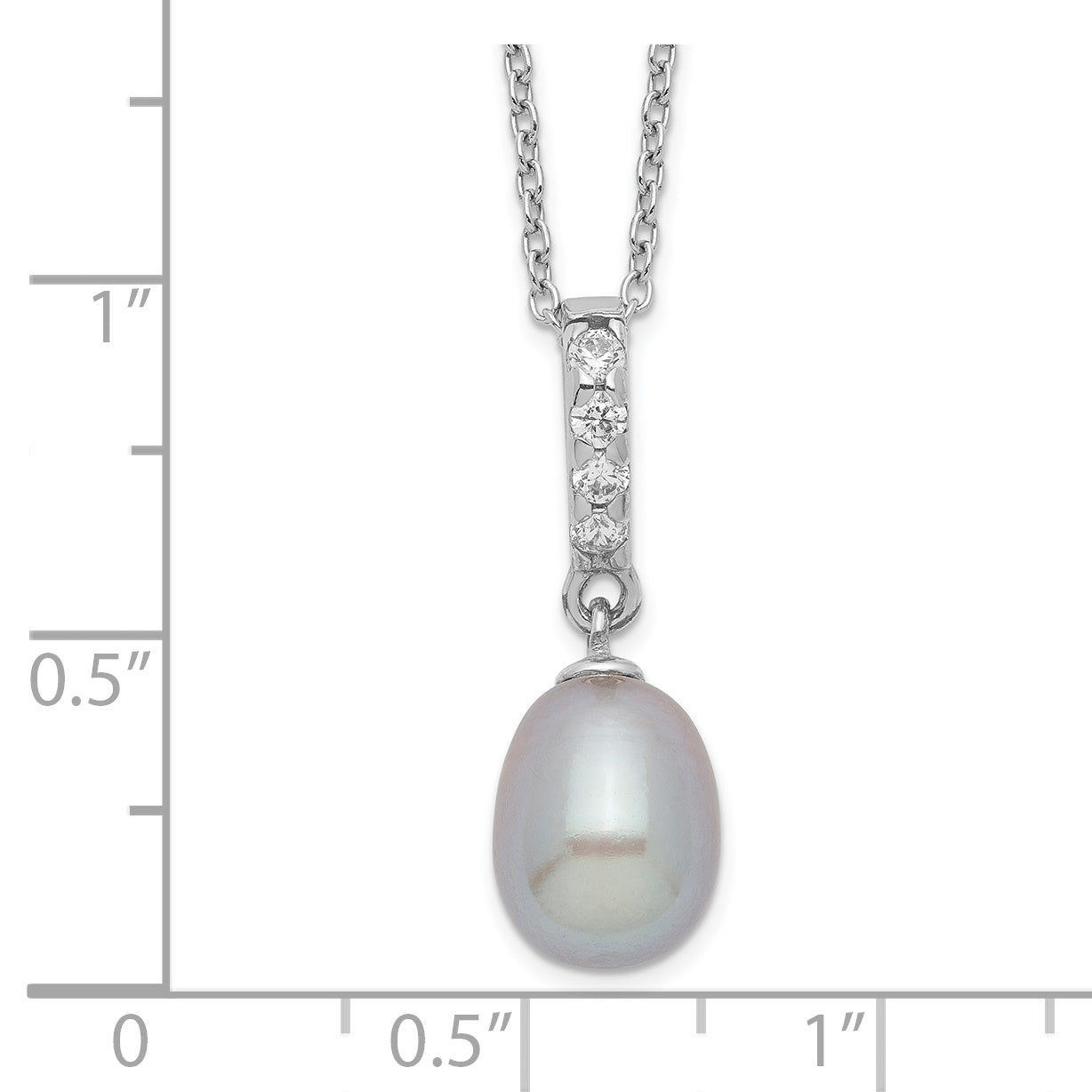 Sterling Silver Rhod-plat 8-9mm Grey FWC Pearl CZ Necklace