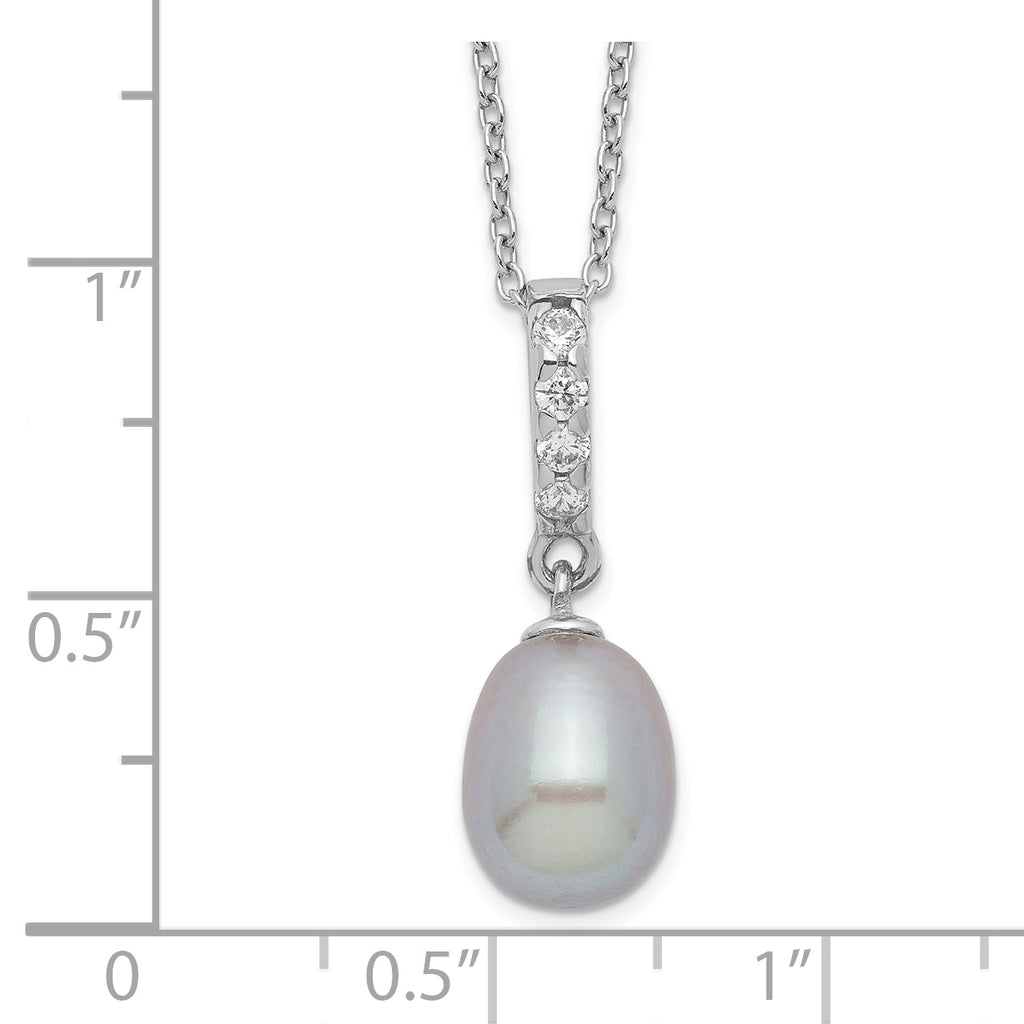 Sterling Silver Rhod-plat 8-9mm Grey FWC Pearl CZ Necklace
