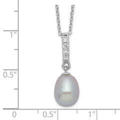 Sterling Silver Rhod-plat 8-9mm Grey FWC Pearl CZ Necklace