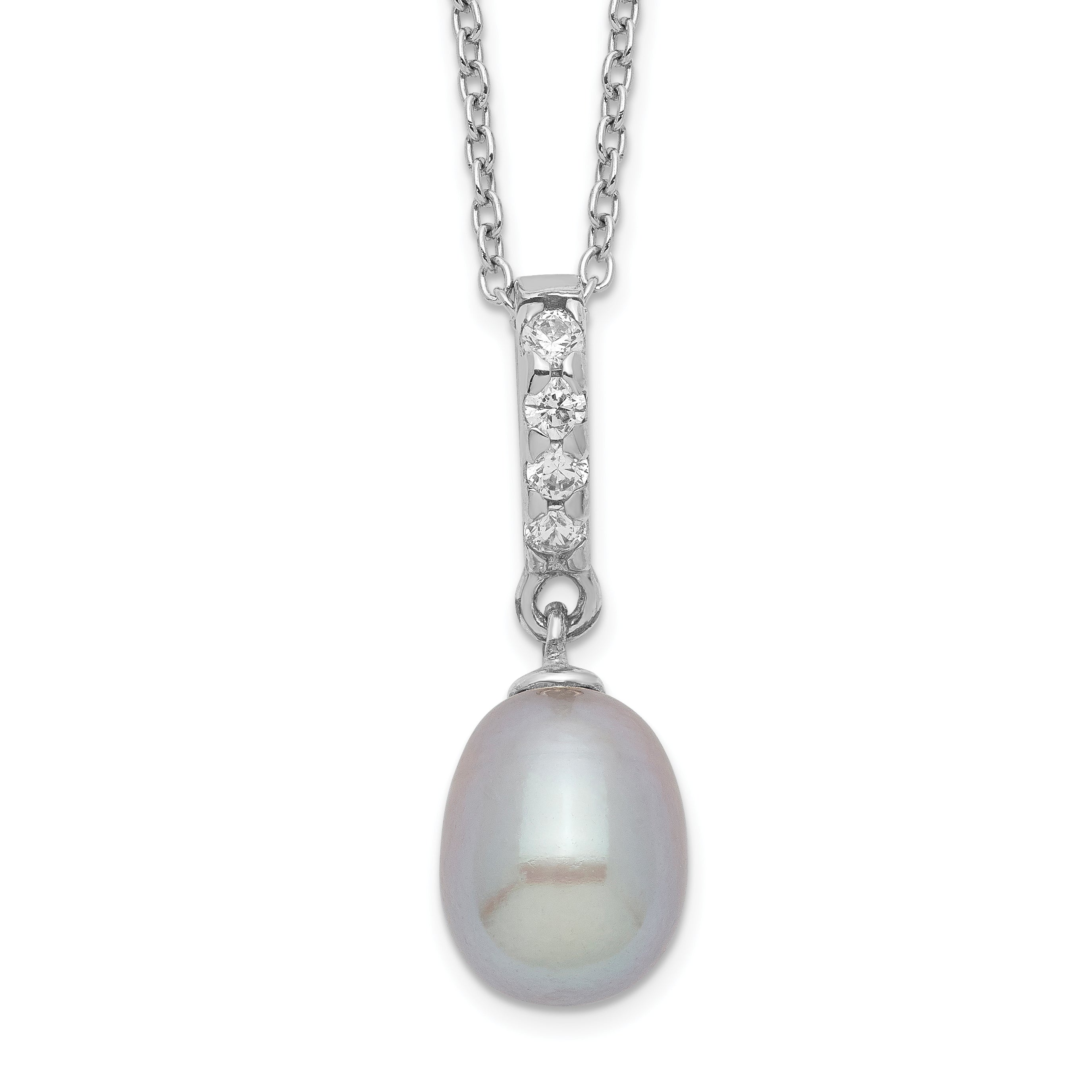 Sterling Silver Rhod-plat 8-9mm Grey FWC Pearl CZ Necklace Main image