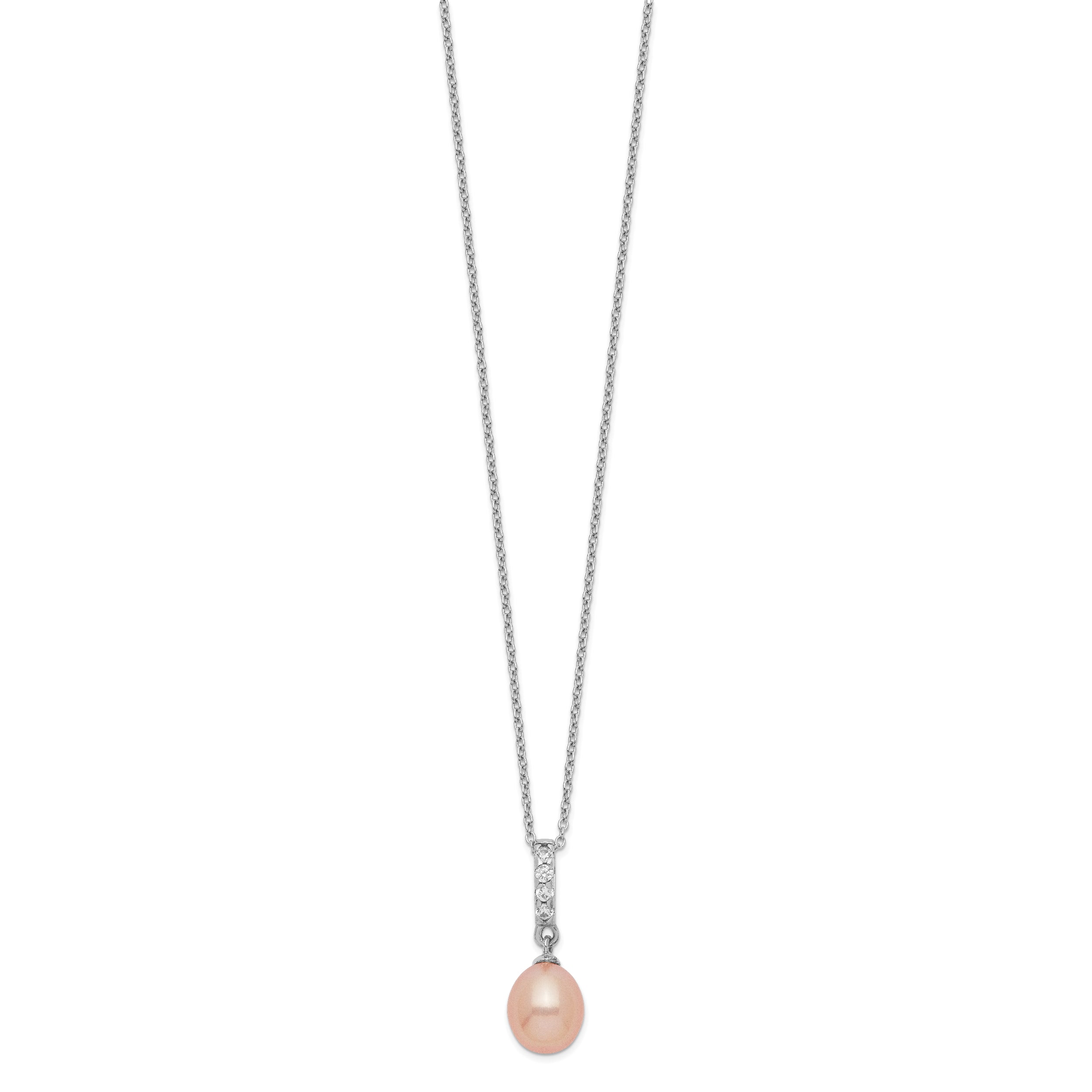 Sterling Silver Rhod-plat 8-9mm Pink FWC Pearl CZ Necklace