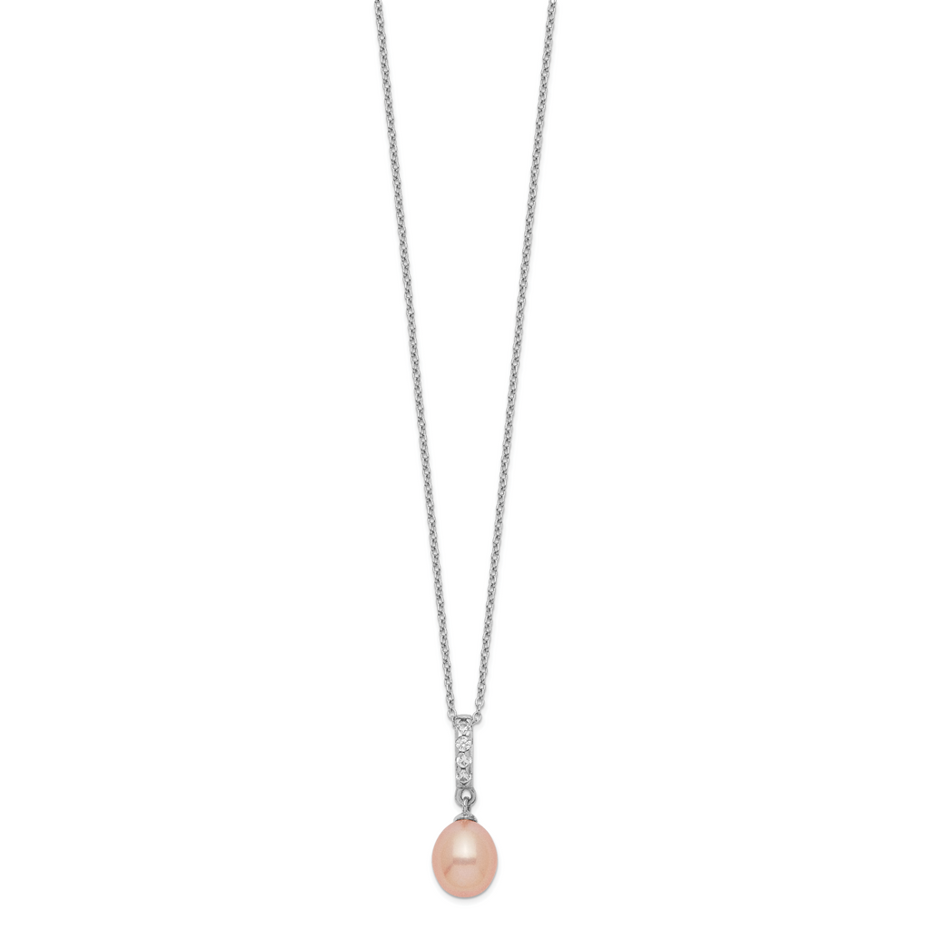 Sterling Silver Rhod-plat 8-9mm Pink FWC Pearl CZ Necklace