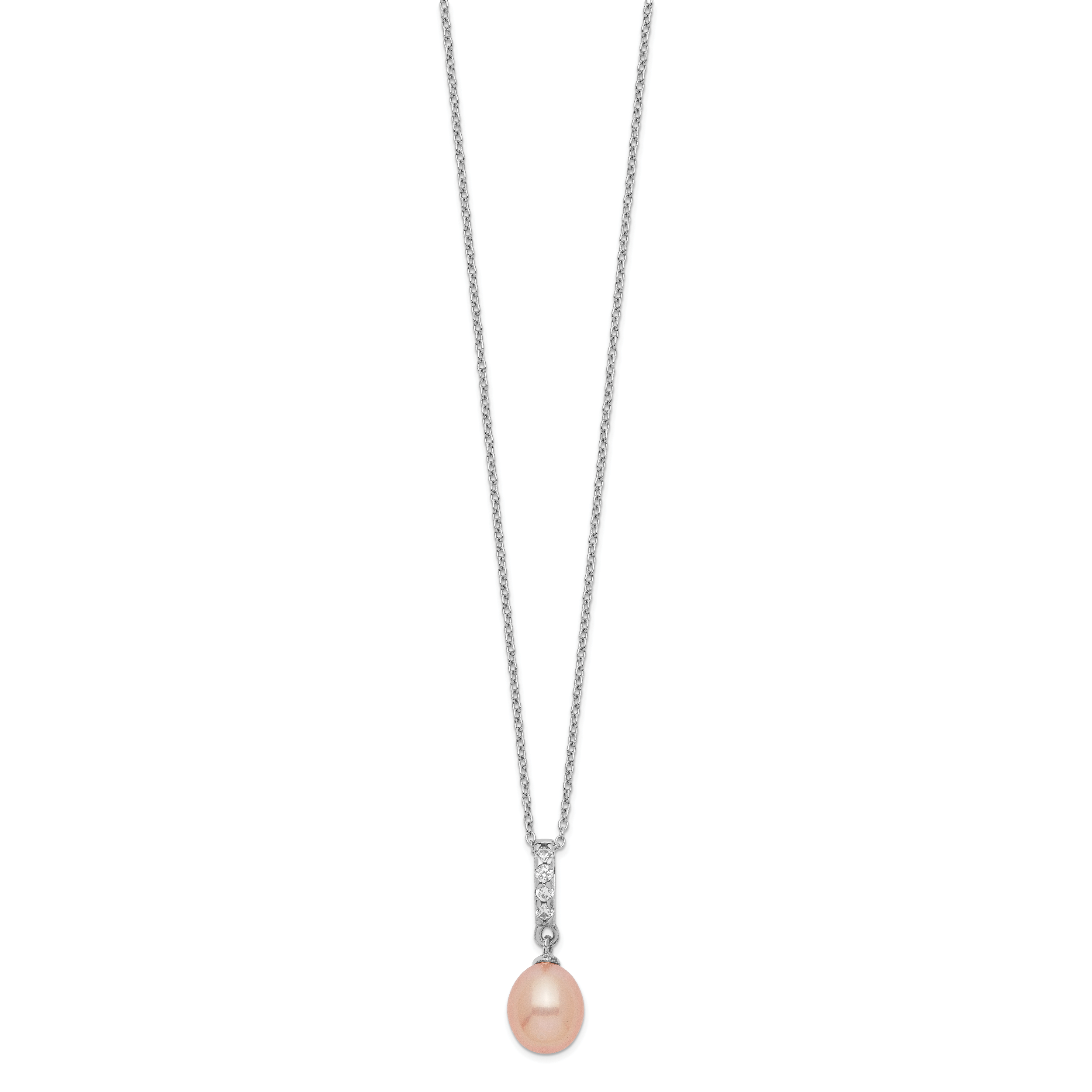 Sterling Silver Rhod-plat 8-9mm Pink FWC Pearl CZ Necklace