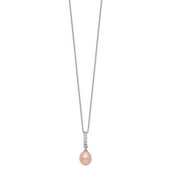 Sterling Silver Rhod-plat 8-9mm Pink FWC Pearl CZ Necklace