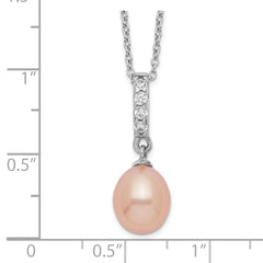 Sterling Silver Rhod-plat 8-9mm Pink FWC Pearl CZ Necklace