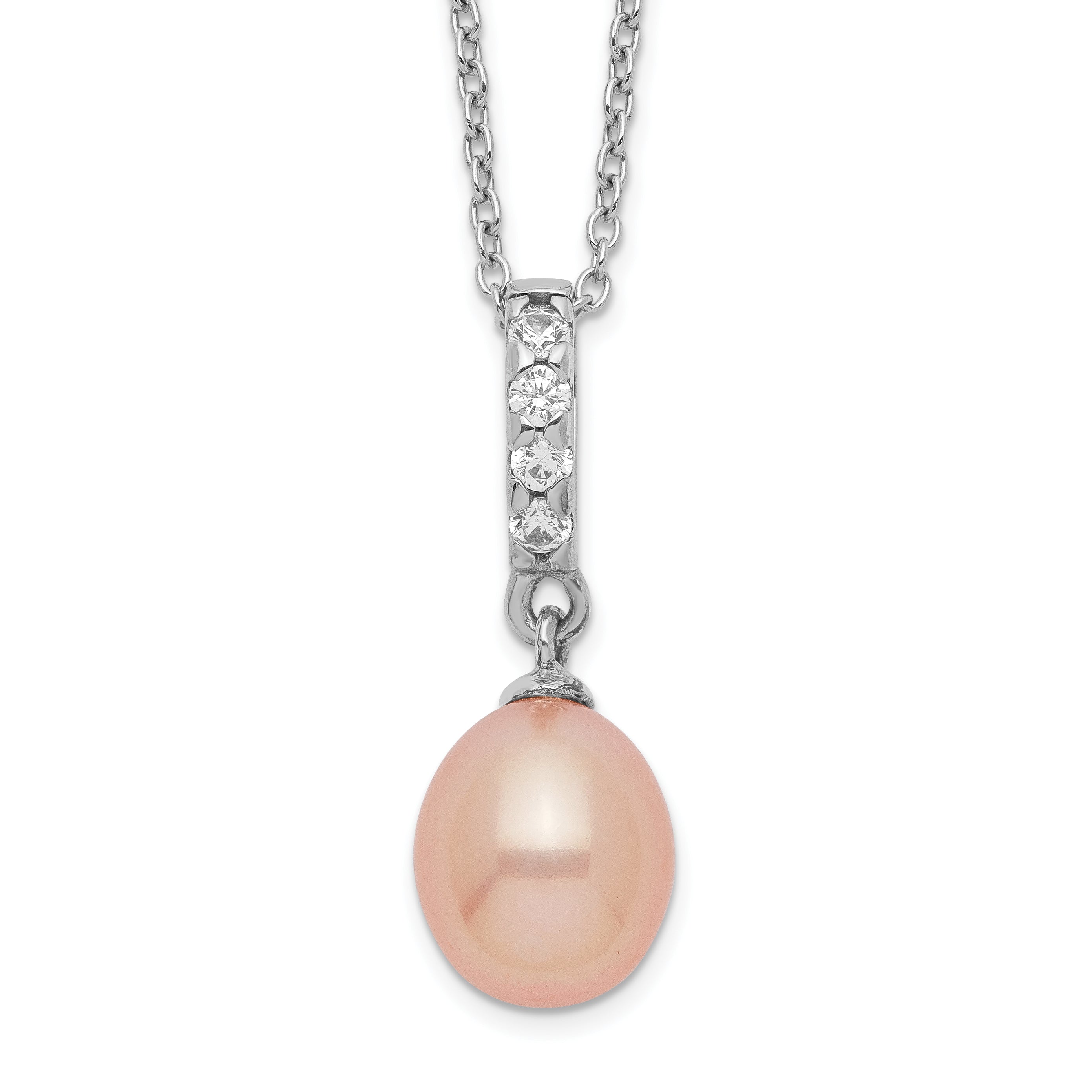 Sterling Silver Rhod-plat 8-9mm Pink FWC Pearl CZ Necklace Main image