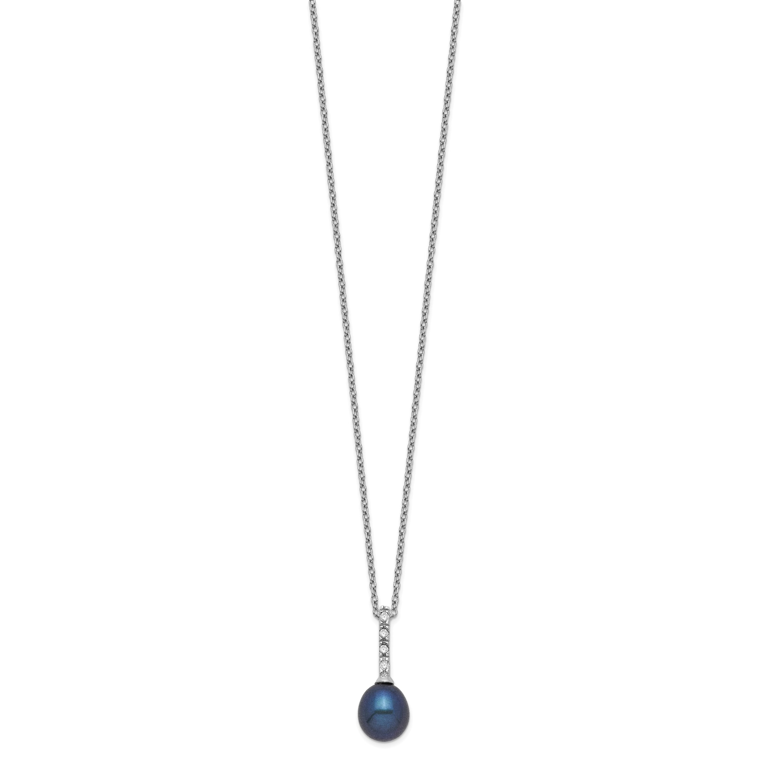 Sterling Silver Rhod-plat 7-8mm Black FWC Pearl CZ Necklace