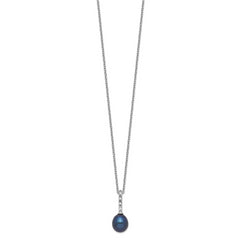 Sterling Silver Rhod-plat 7-8mm Black FWC Pearl CZ Necklace