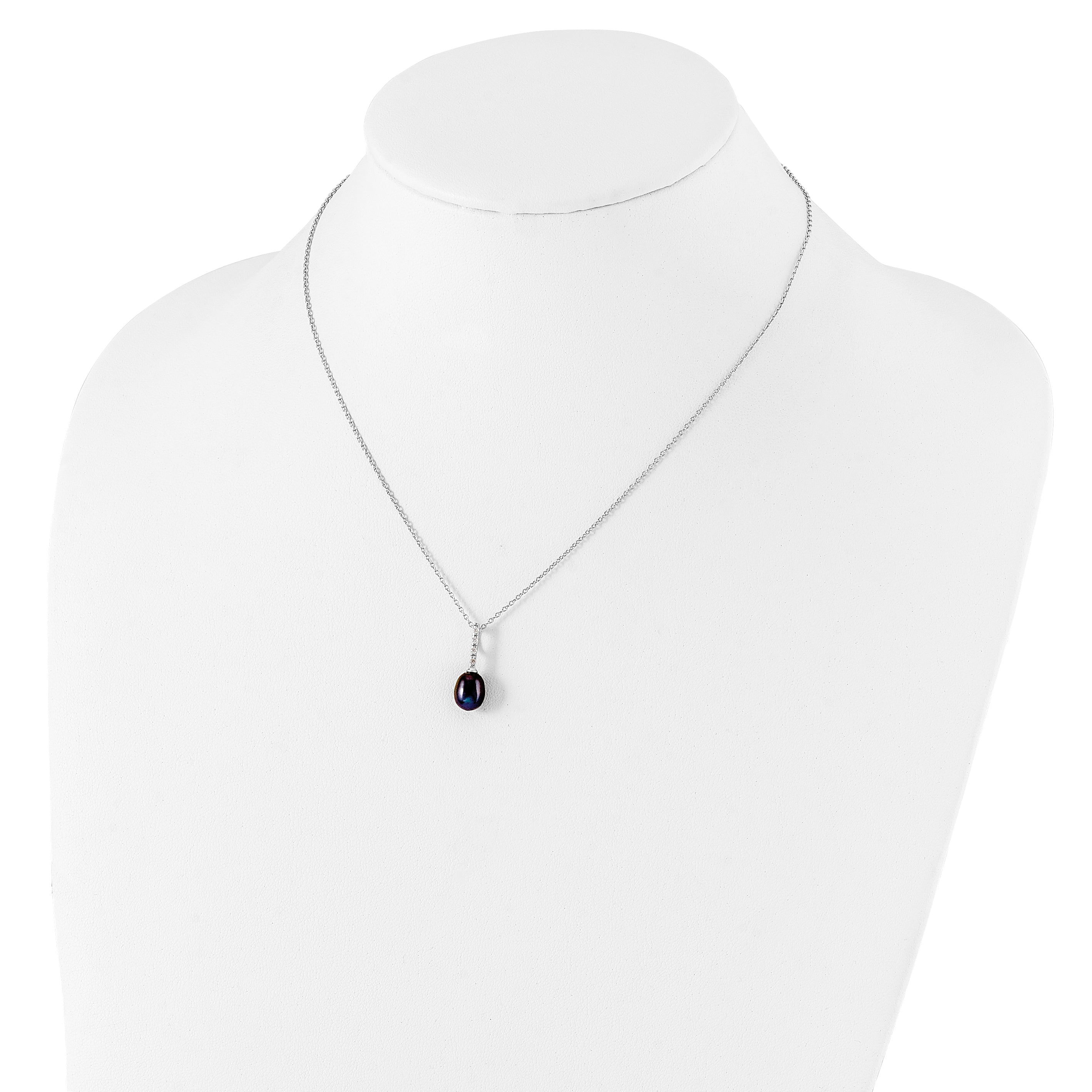 Sterling Silver Rhod-plat 7-8mm Black FWC Pearl CZ Necklace