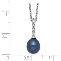 Sterling Silver Rhod-plat 7-8mm Black FWC Pearl CZ Necklace