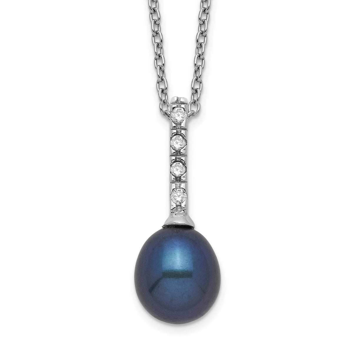 Sterling Silver Rhod-plat 7-8mm Black FWC Pearl CZ Necklace
