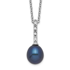 Sterling Silver Rhod-plat 7-8mm Black FWC Pearl CZ Necklace