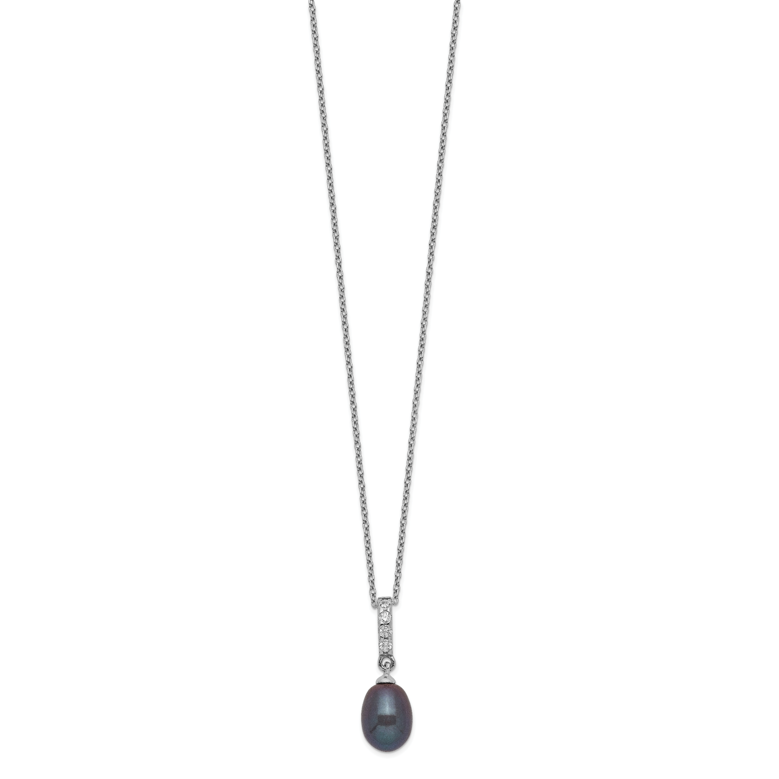 Sterling Silver Rhod-plat 8-9mm Black FWC Pearl CZ Necklace Secondary image