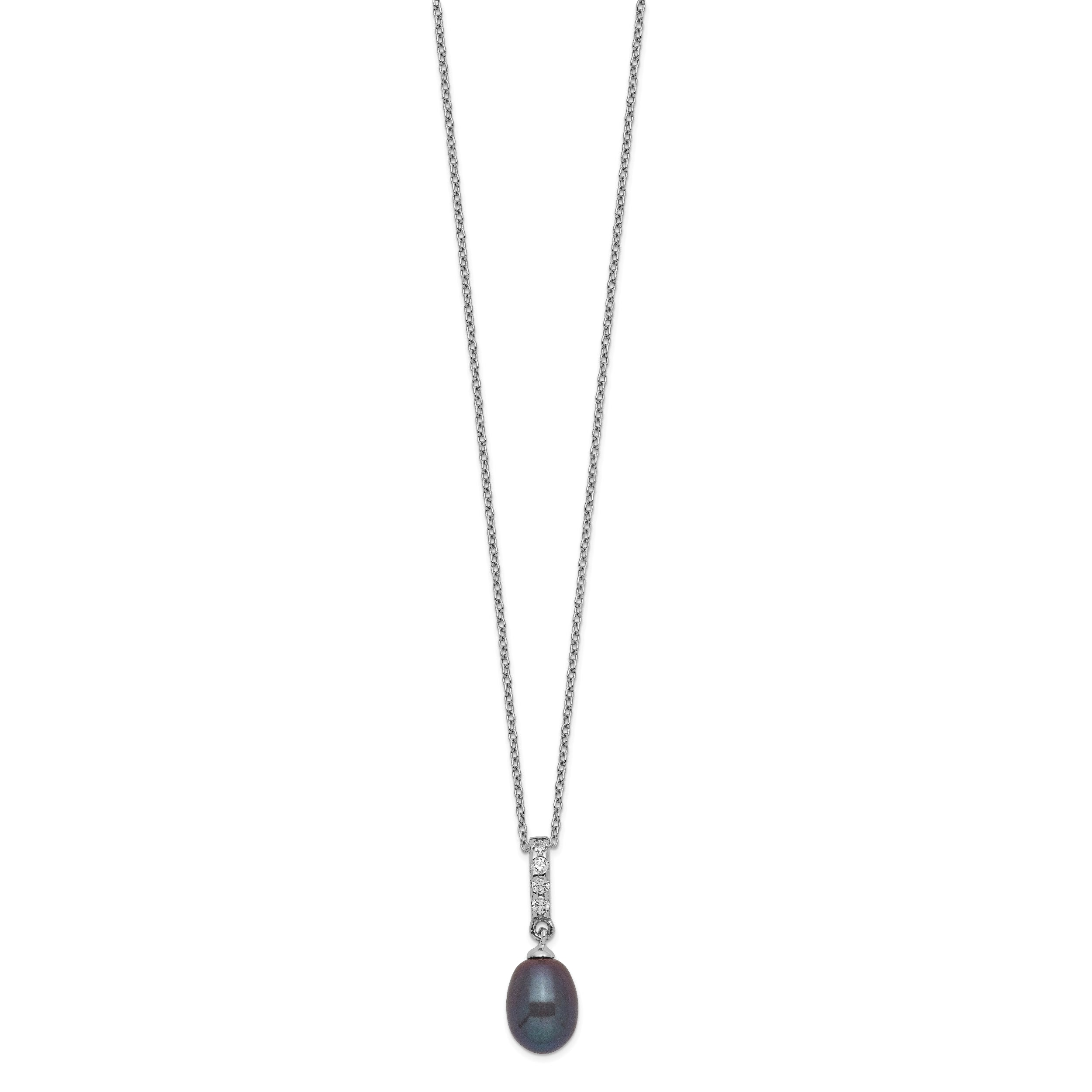 Sterling Silver Rhod-plat 8-9mm Black FWC Pearl CZ Necklace
