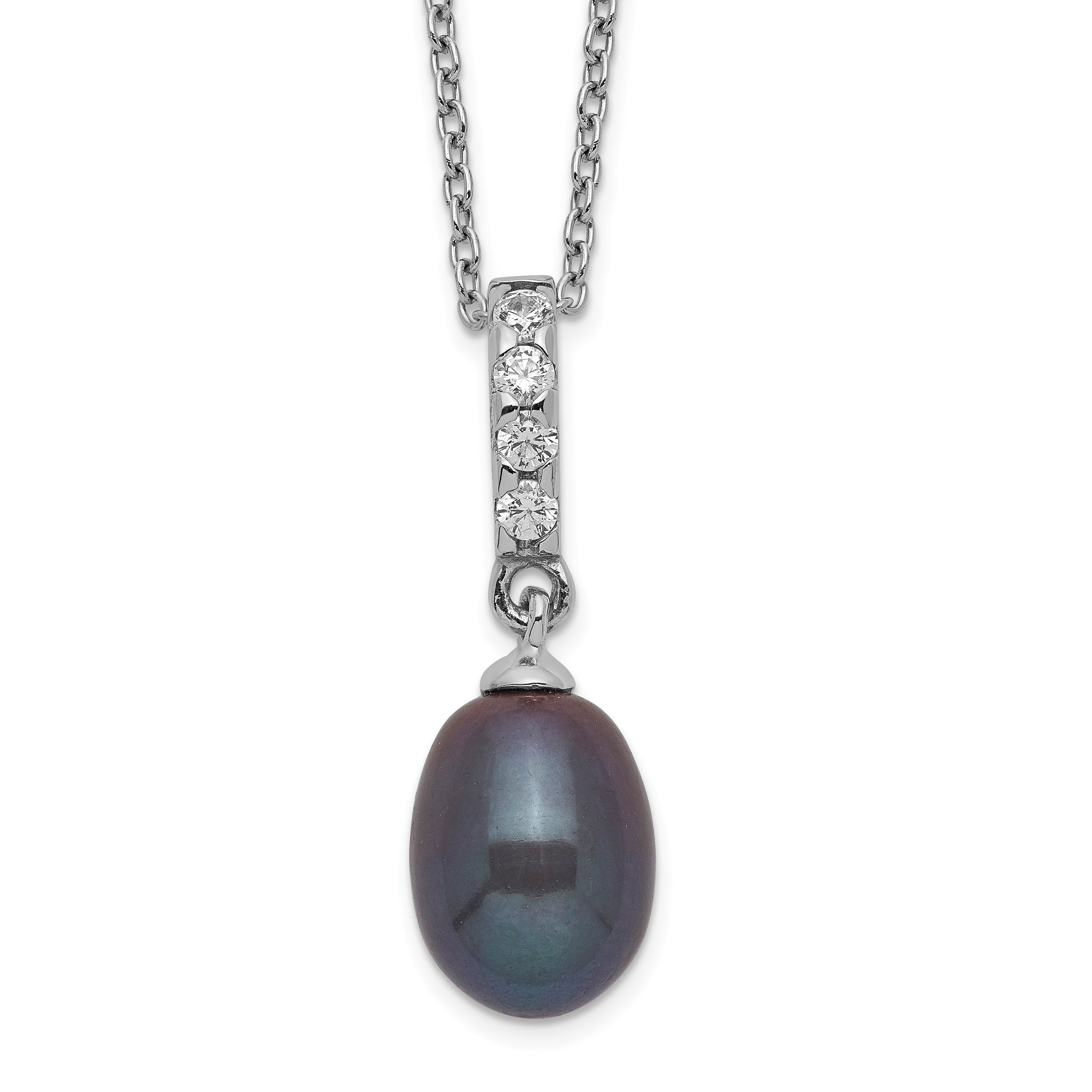 Sterling Silver Rhod-plat 8-9mm Black FWC Pearl CZ Necklace Main image