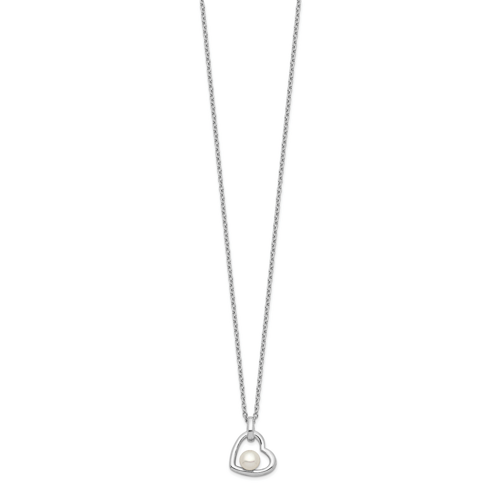 Sterling Silver Rhodium-plated Heart with 4-5mm White Button Freshwater Cultured Pearl 17 inch Necklace