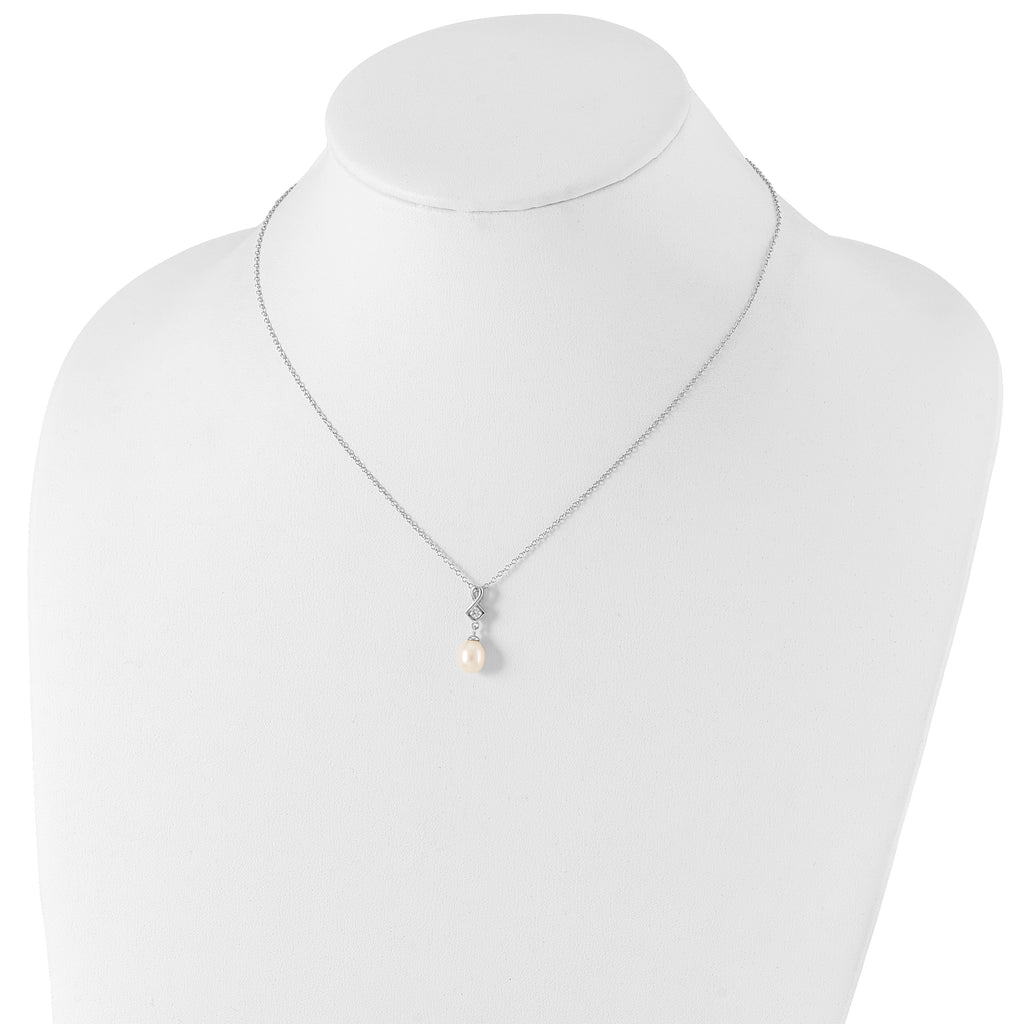 Sterling Silver Rhod-plat 6-7mm White FWC Pearl CZ Necklace