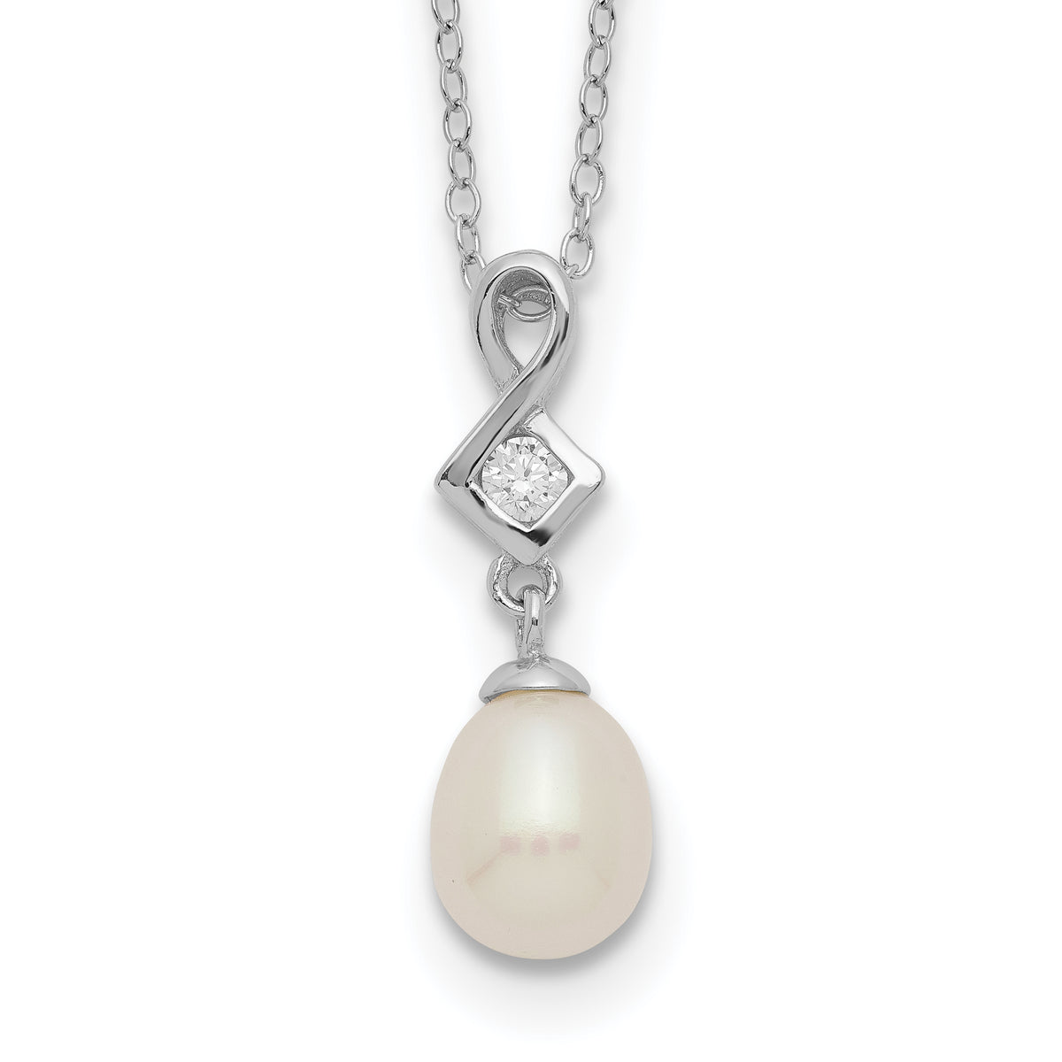 Sterling Silver Rhod-plat 6-7mm White FWC Pearl CZ Necklace