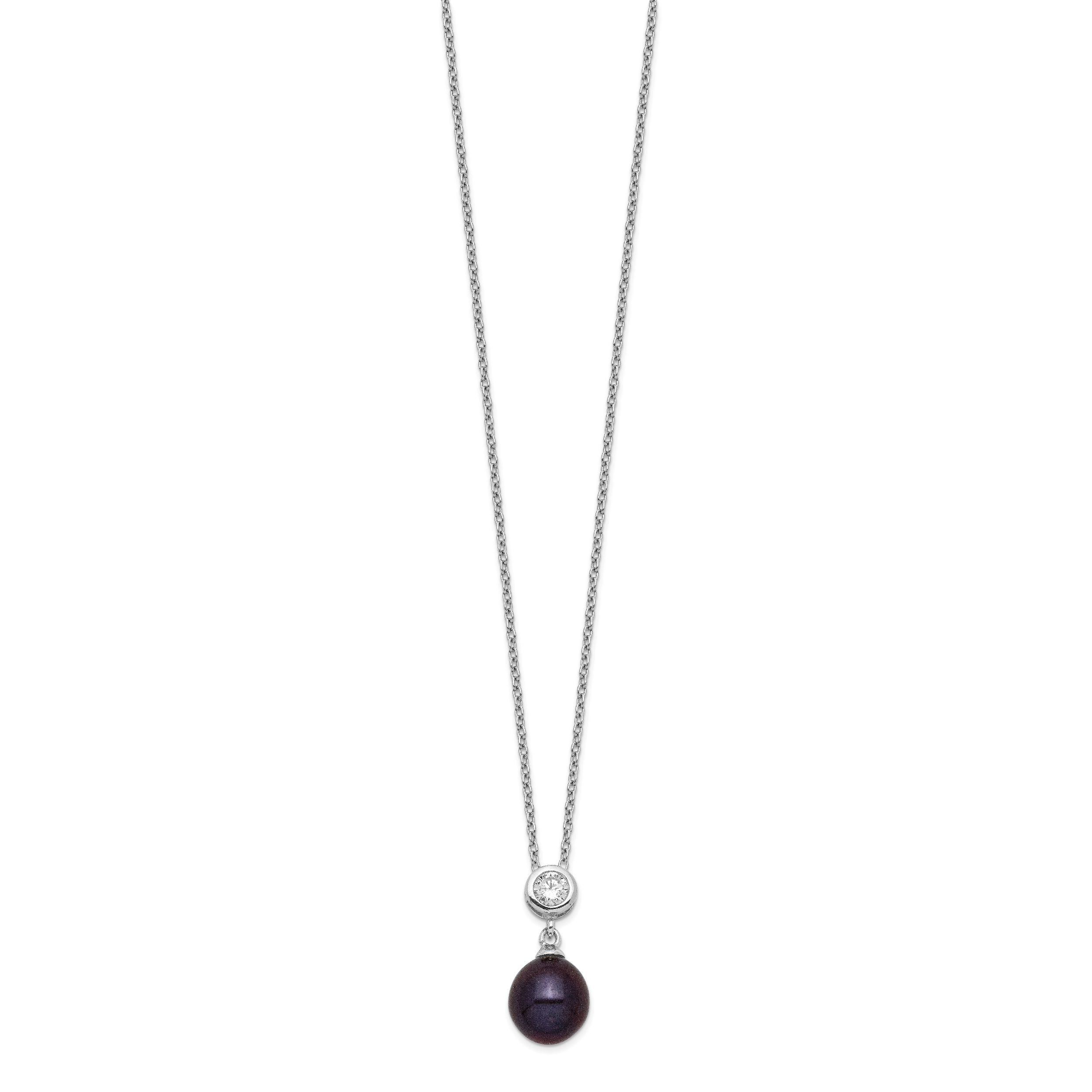 Sterling Silver Rhodium-plated 8-9mm Black Rice FWC Pearl CZ Necklace Secondary image