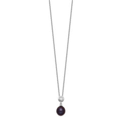 Sterling Silver Rhodium-plated 8-9mm Black Rice FWC Pearl CZ Necklace