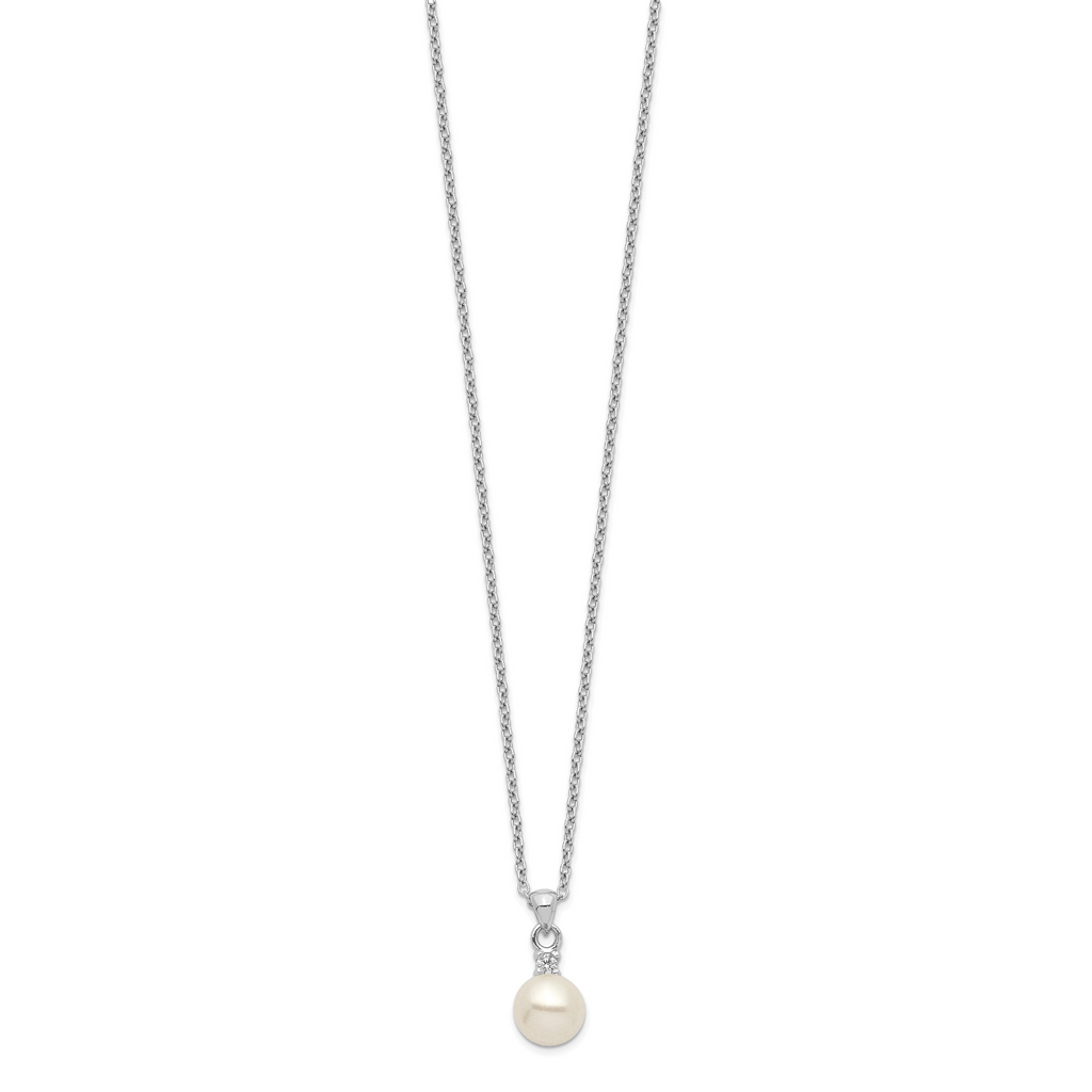 Sterling Silver Rhodium-plated 6-7mm White Button FWC Pearl CZ Necklace