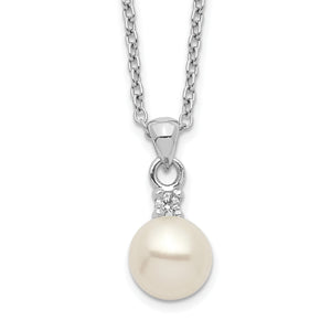 Sterling Silver Rhodium-plated 6-7mm White Button FWC Pearl CZ Necklace