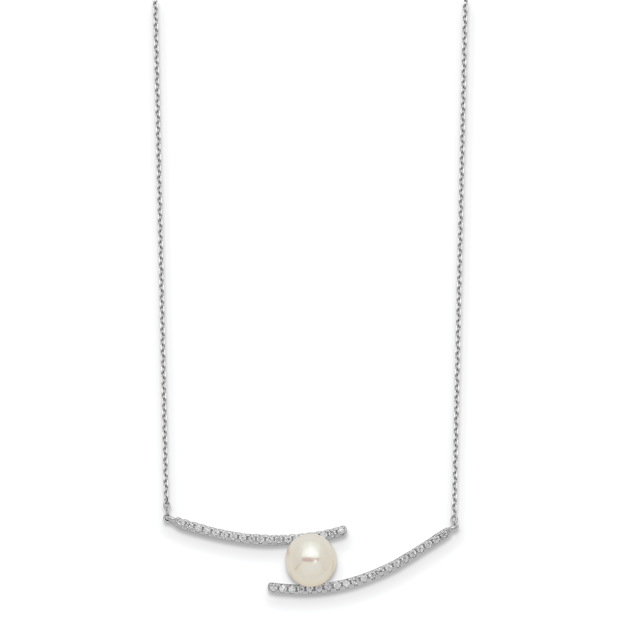 Sterling Silver Rhodium-plated 7-8mm White Button FWC Pearl CZ Necklace Secondary image