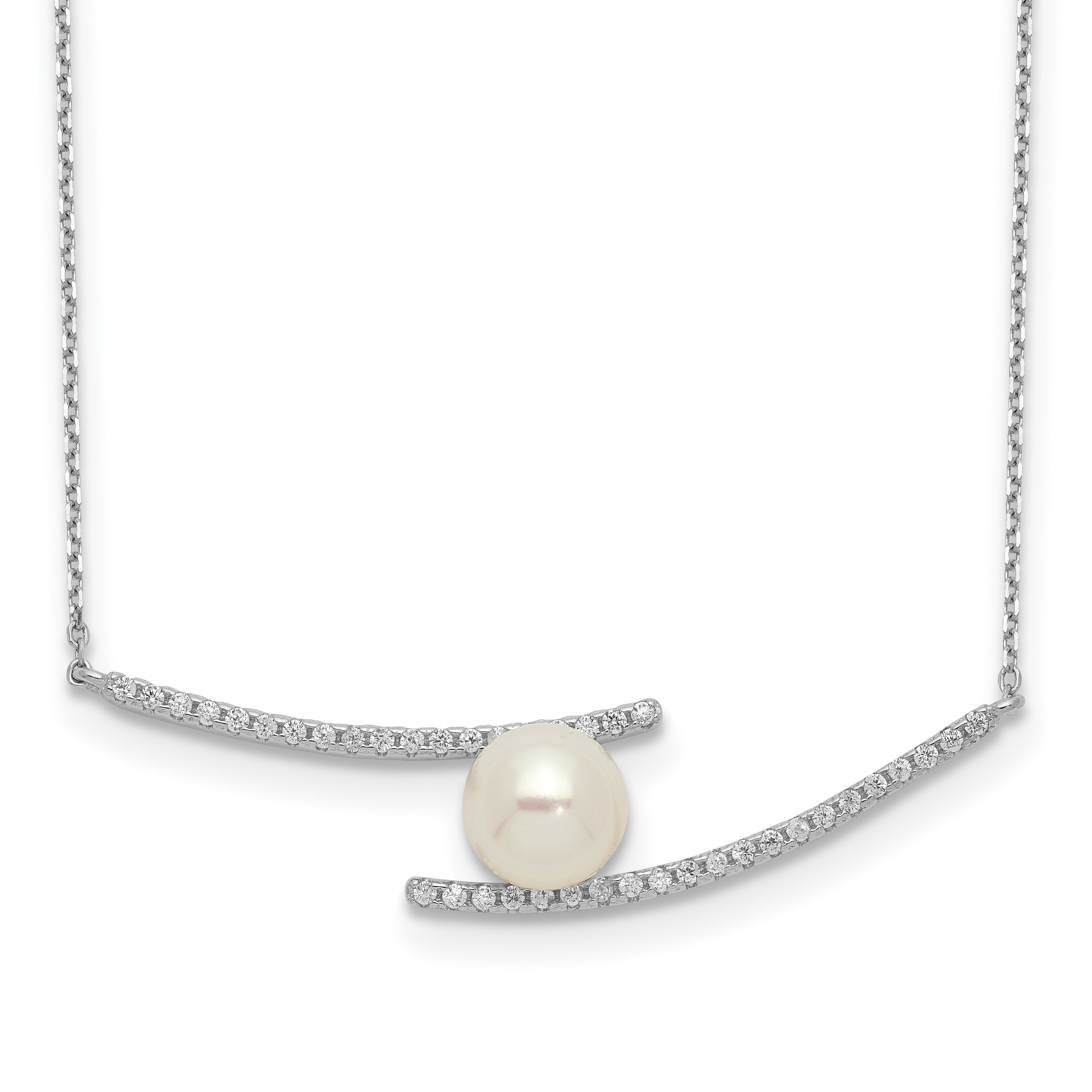 Sterling Silver Rhodium-plated 7-8mm White Button FWC Pearl CZ Necklace Main image