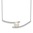 Sterling Silver Rhodium-plated 7-8mm White Button FWC Pearl CZ Necklace