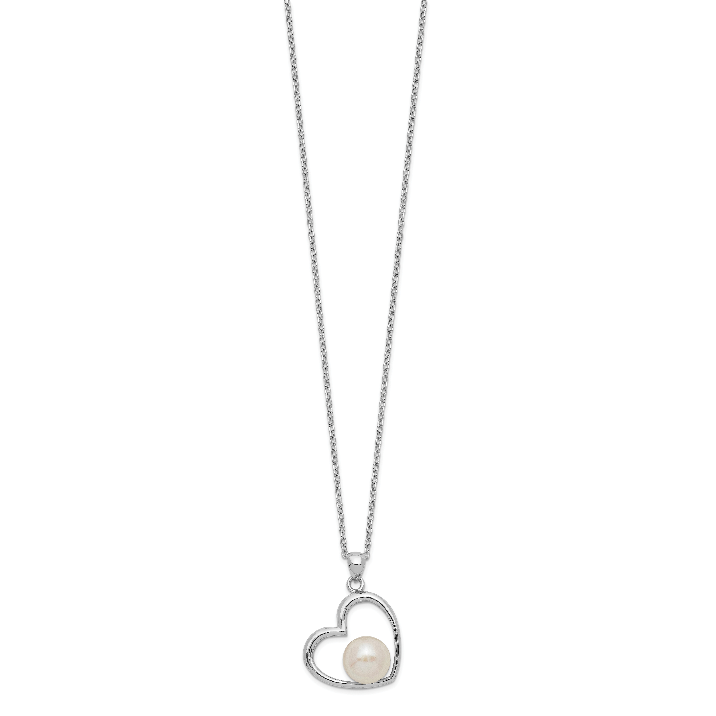 Sterling Silver Rhodium-plated Polished Open Heart with 7-8mm White Button Freshwater Cultuted Pearl 17 inch Necklace Secondary image