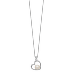 Sterling Silver Rhodium-plated Polished Open Heart with 7-8mm White Button Freshwater Cultuted Pearl 17 inch Necklace