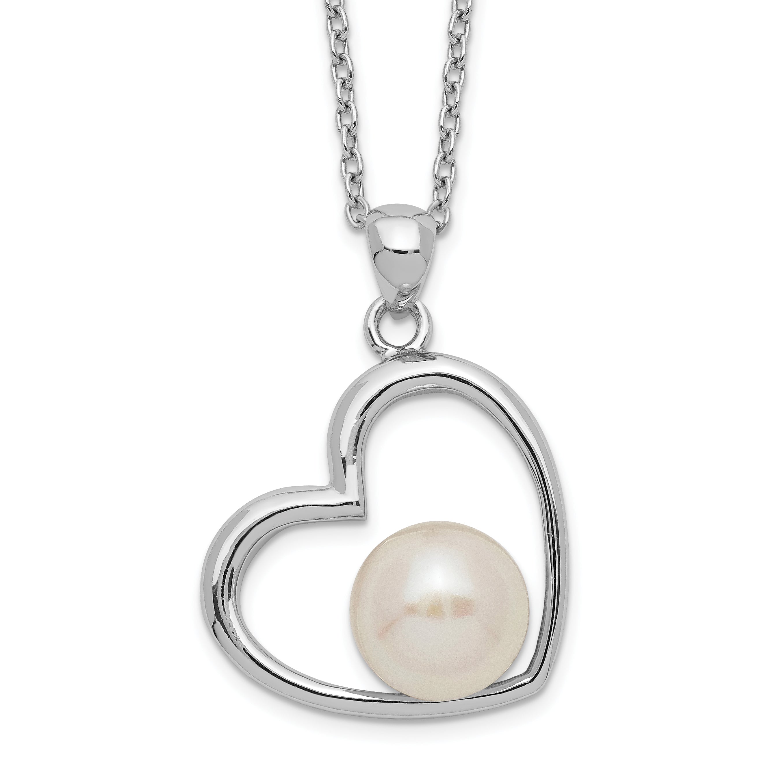 Sterling Silver Rhodium-plated Polished Open Heart with 7-8mm White Button Freshwater Cultuted Pearl 17 inch Necklace Main image