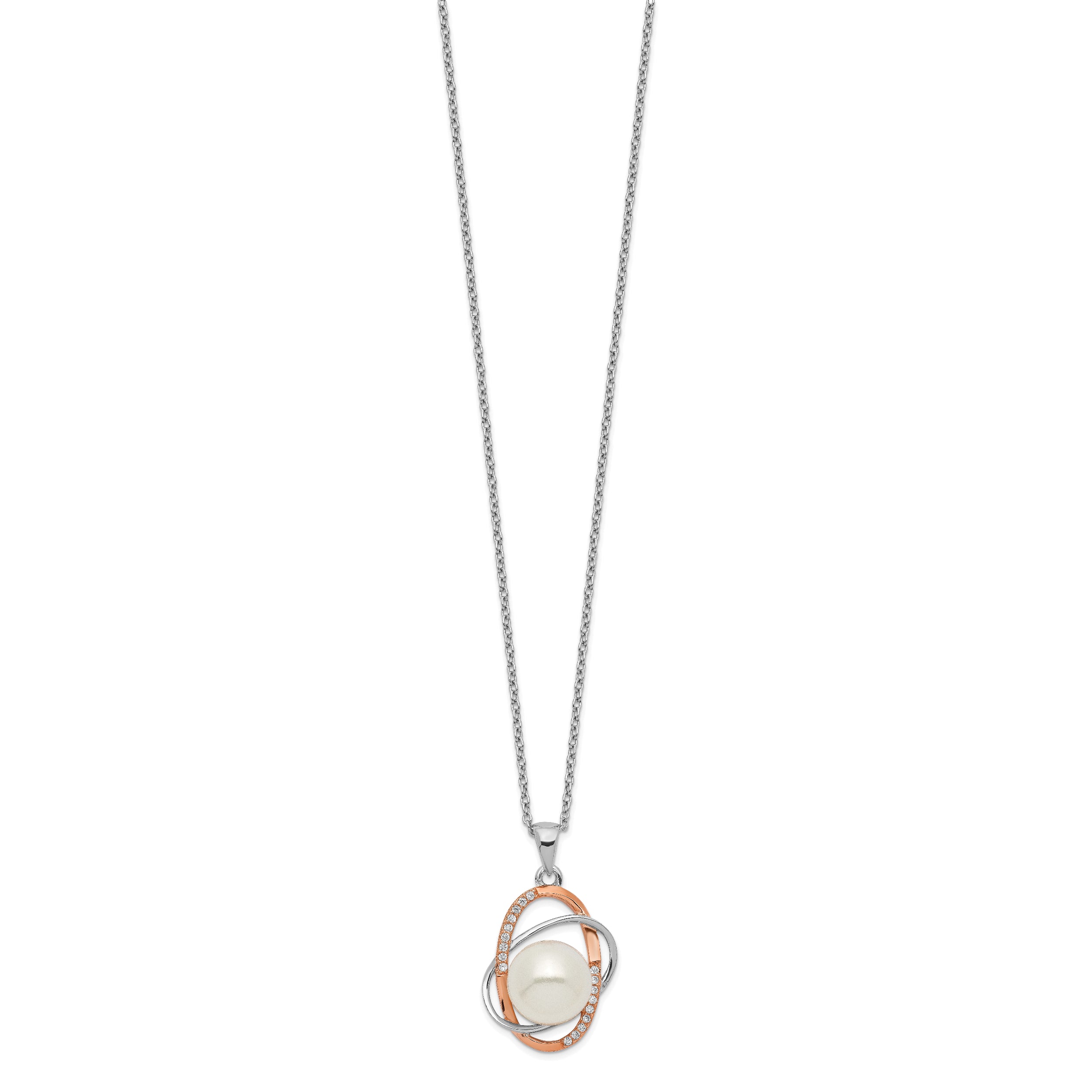 Sterling Silver Rhd-pt Rose-tone 18k Flash-pl 9-10mm FWC Pearl CZ Necklace