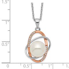 Sterling Silver Rhd-pt Rose-tone 18k Flash-pl 9-10mm FWC Pearl CZ Necklace