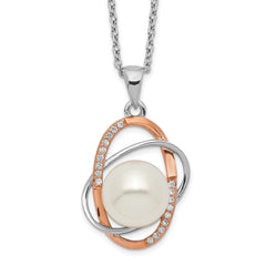 Sterling Silver Rhd-pt Rose-tone 18k Flash-pl 9-10mm FWC Pearl CZ Necklace