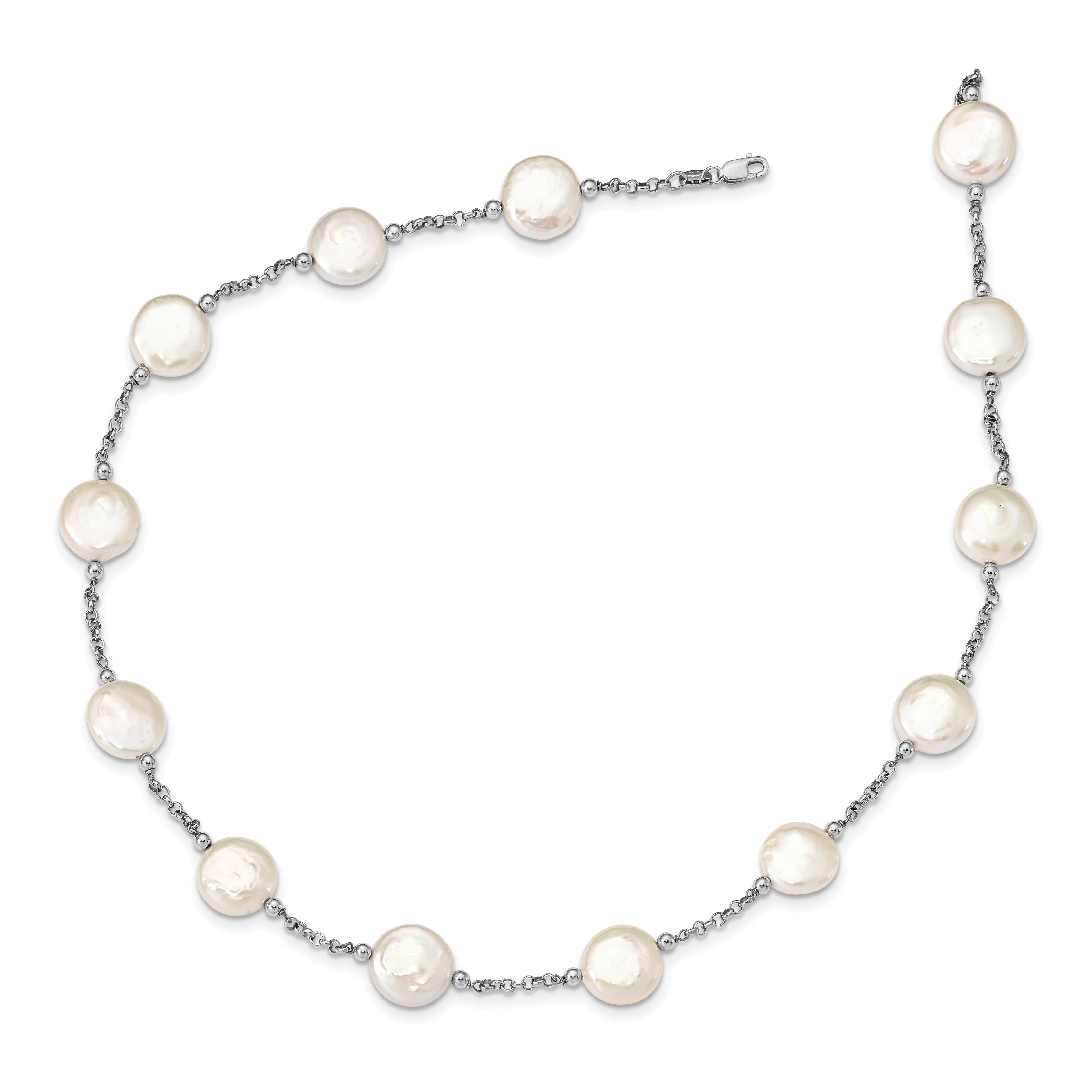 Sterling Silver Rh-pltd 12-13mm White Coin FWC Pearl 13-station Necklace Secondary image