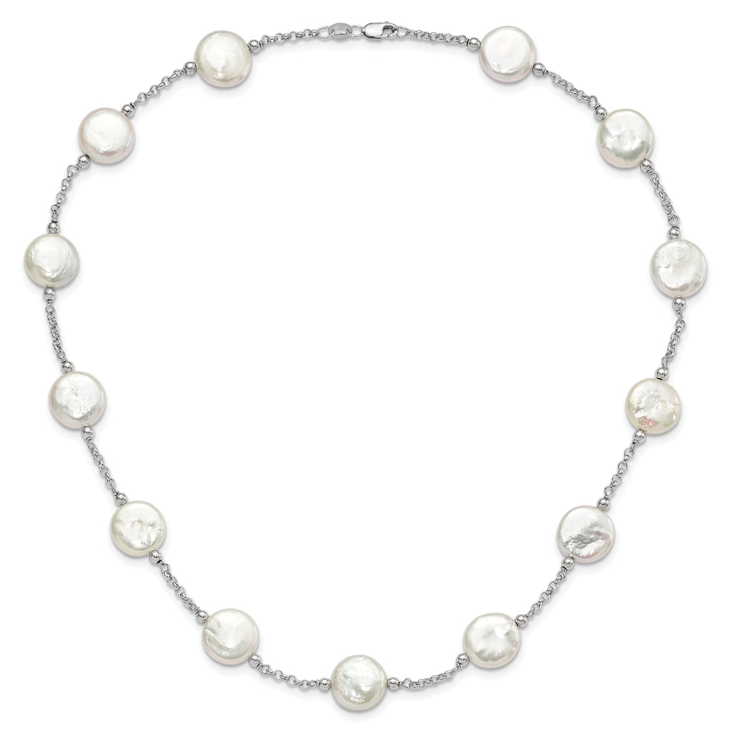 Sterling Silver Rh-pltd 12-13mm White Coin FWC Pearl 13-station Necklace