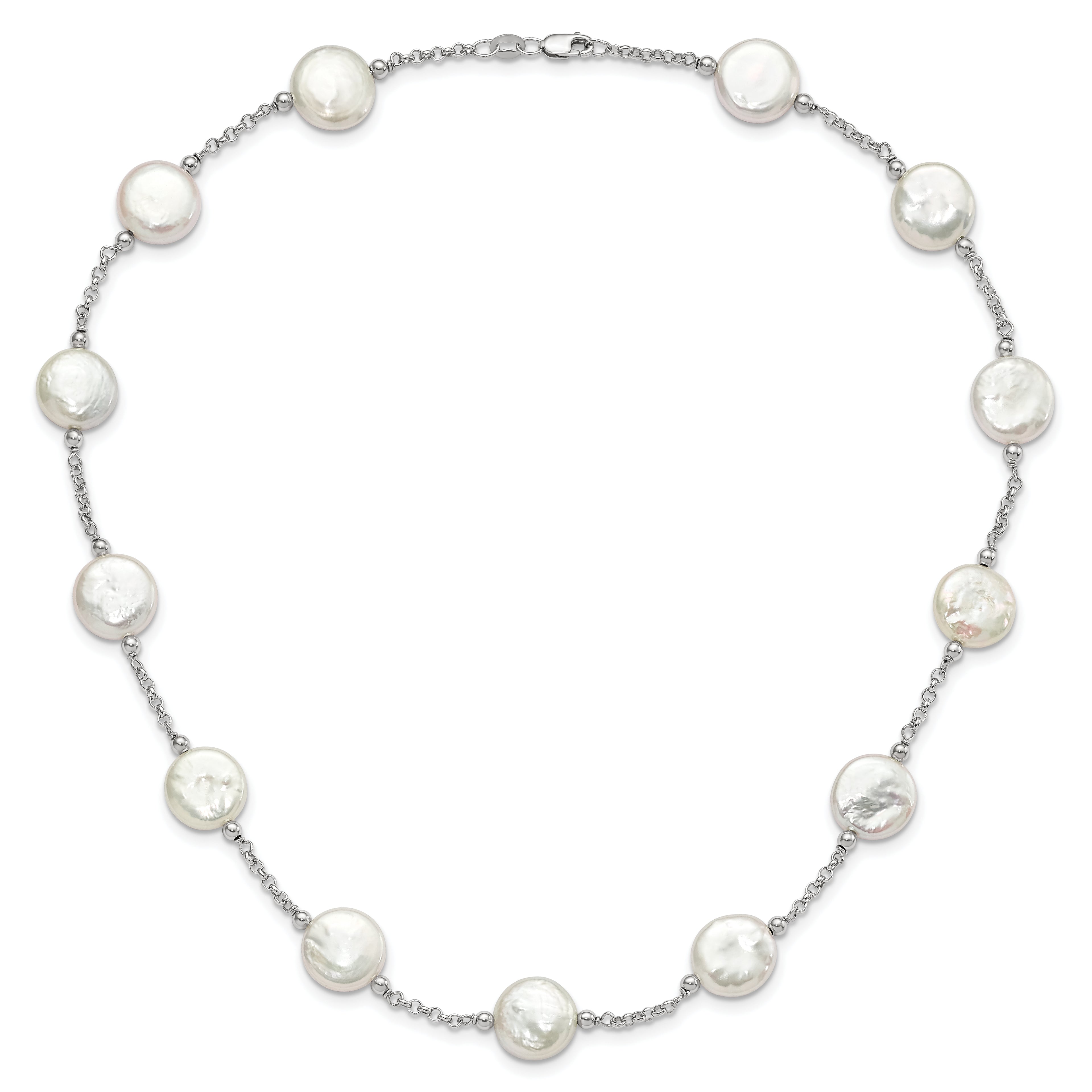 Sterling Silver Rh-pltd 12-13mm White Coin FWC Pearl 13-station Necklace