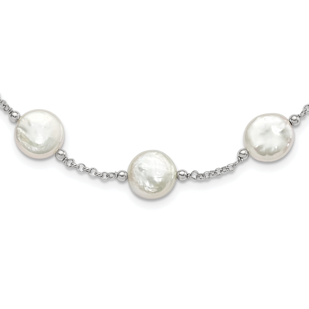 Sterling Silver Rh-pltd 12-13mm White Coin FWC Pearl 13-station Necklace