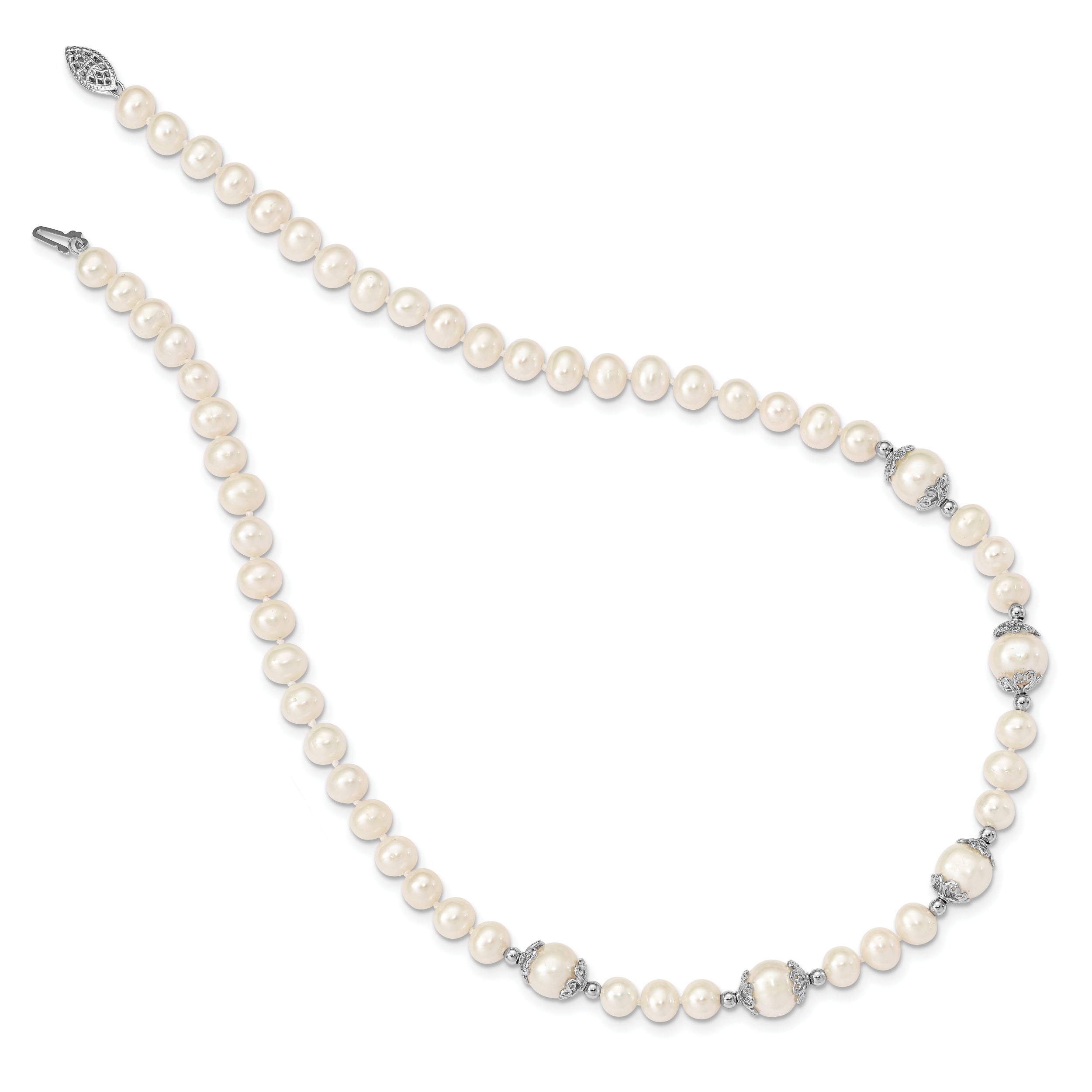 Sterling Silver Rhod-plated 6-9mm FW Cultured Pearl 5-station Necklace