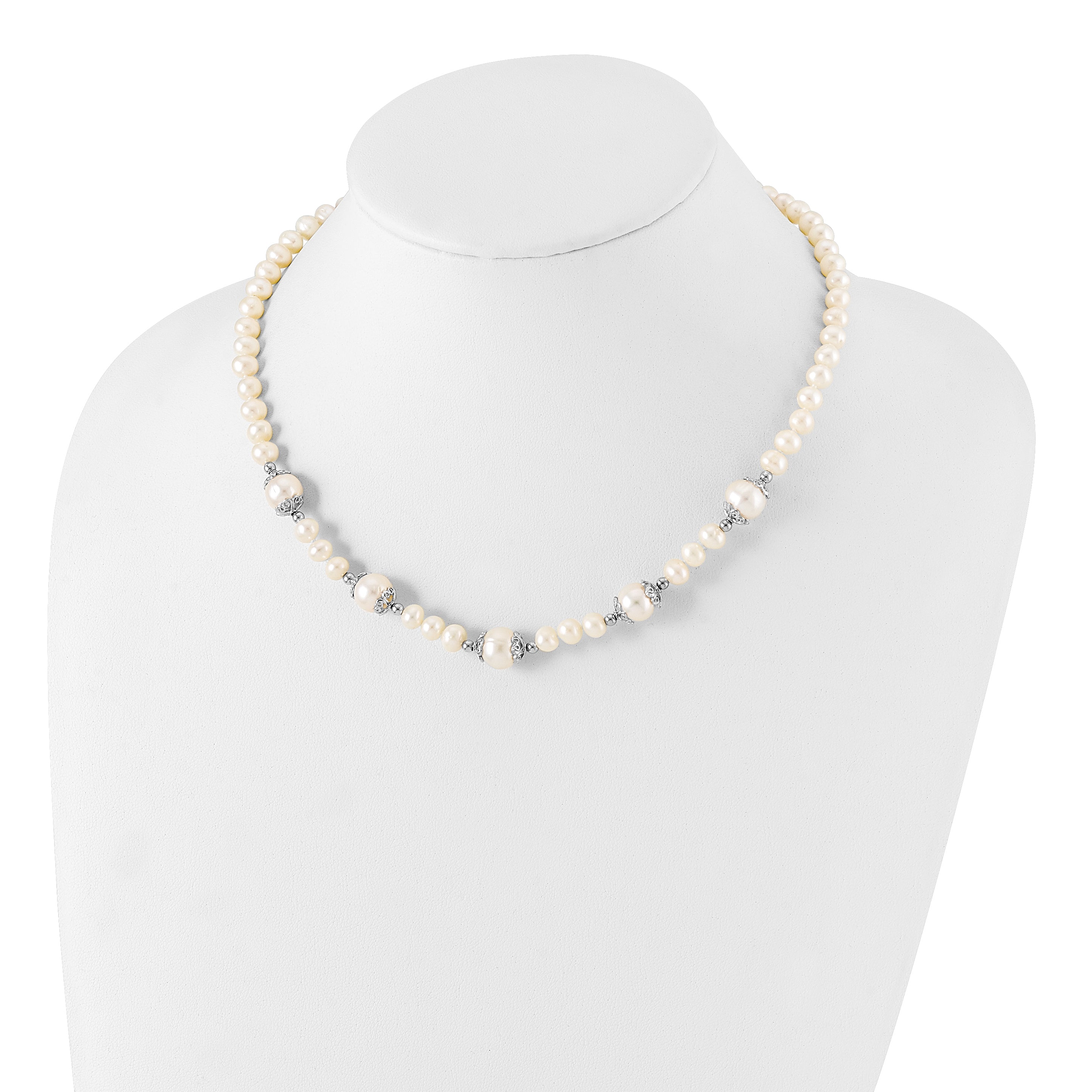 Sterling Silver Rhod-plated 6-9mm FW Cultured Pearl 5-station Necklace