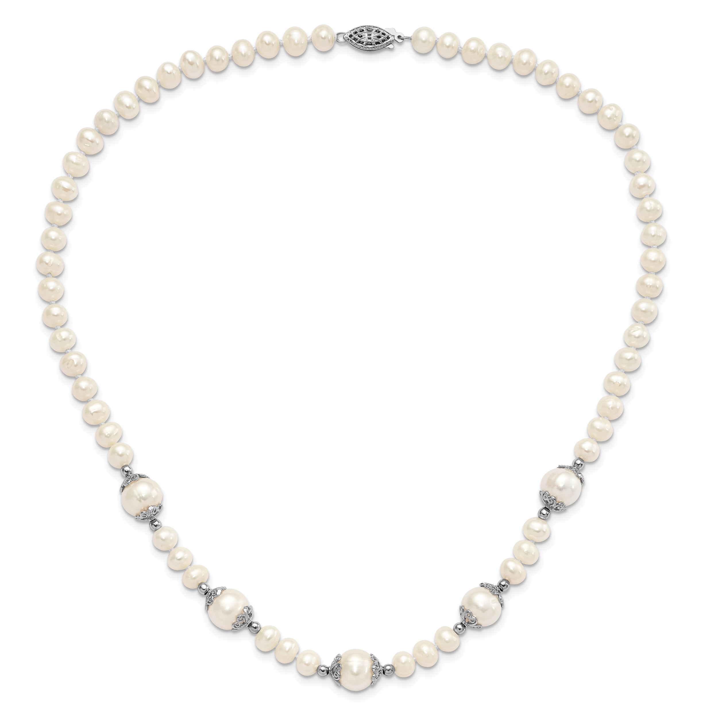 Sterling Silver Rhod-plated 6-9mm FW Cultured Pearl 5-station Necklace