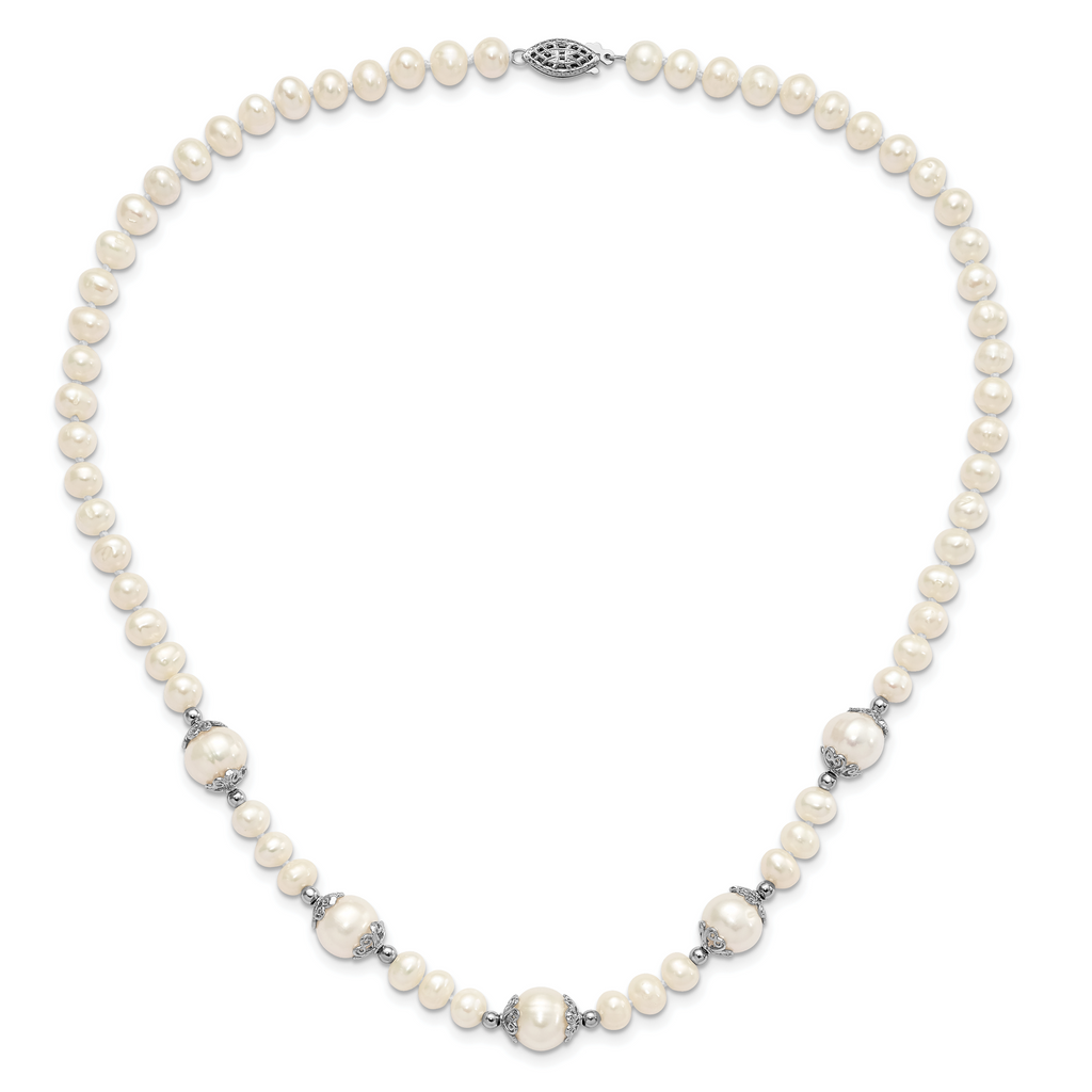 Sterling Silver Rhod-plated 6-9mm FW Cultured Pearl 5-station Necklace