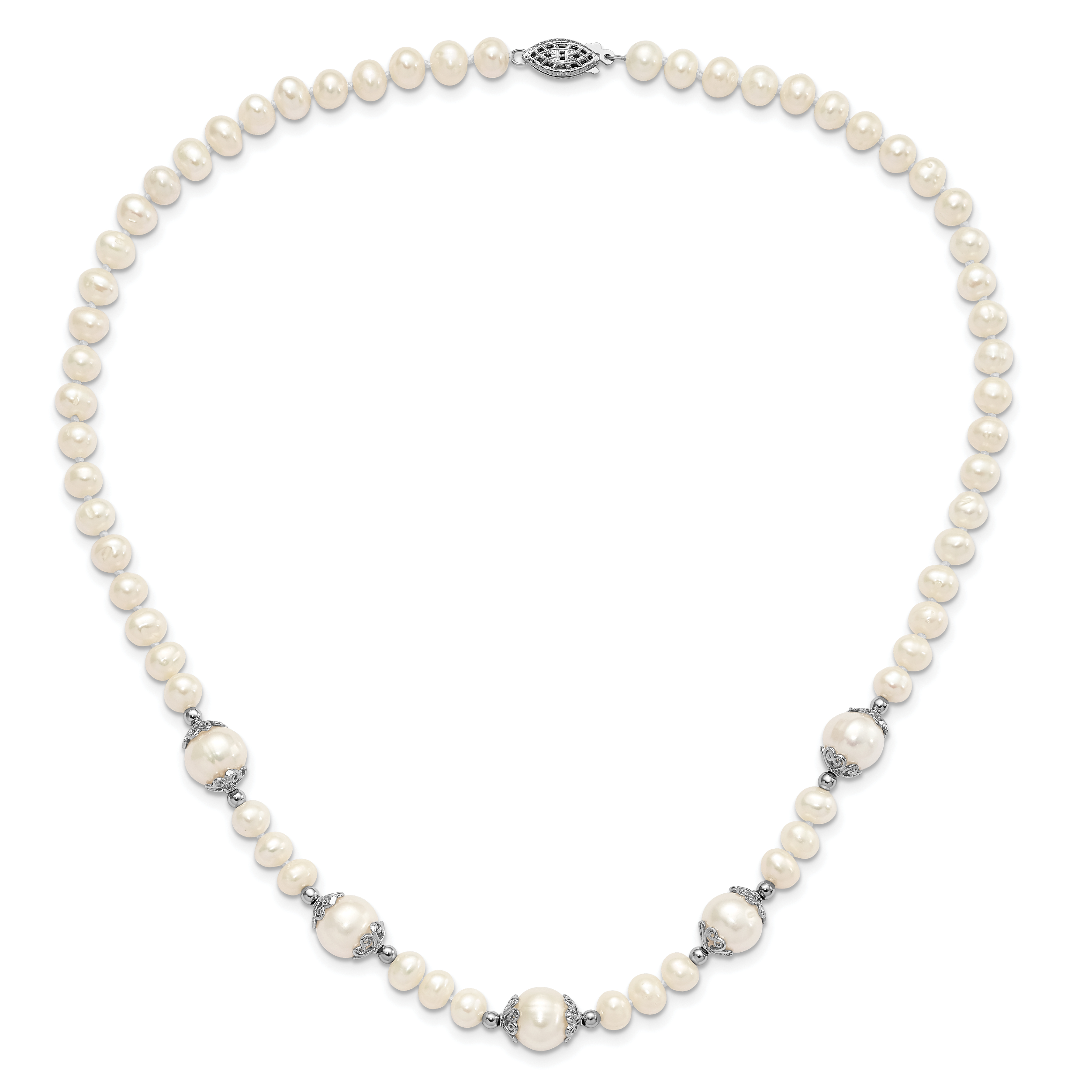 Sterling Silver Rhod-plated 6-9mm FW Cultured Pearl 5-station Necklace