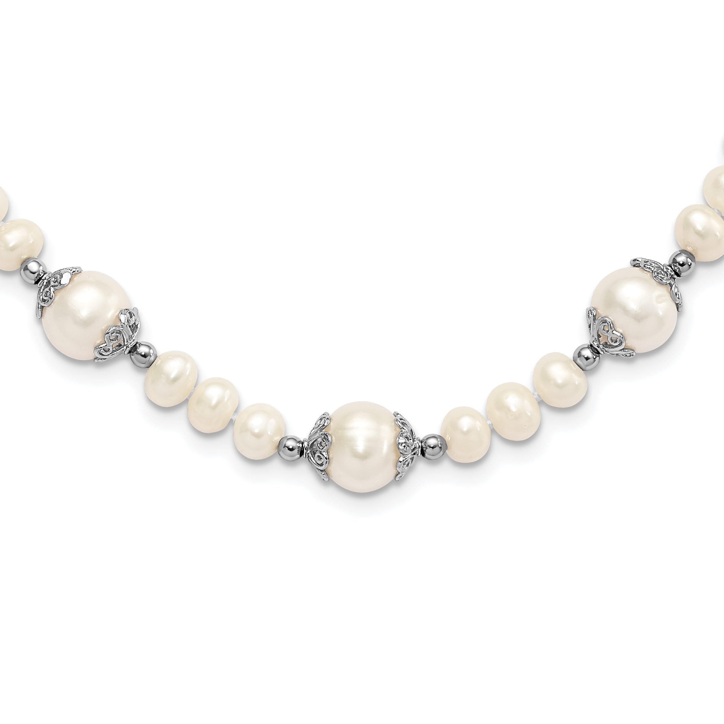 Sterling Silver Rhod-plated 6-9mm FW Cultured Pearl 5-station Necklace