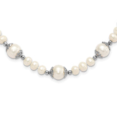 Sterling Silver Rhod-plated 6-9mm FW Cultured Pearl 5-station Necklace