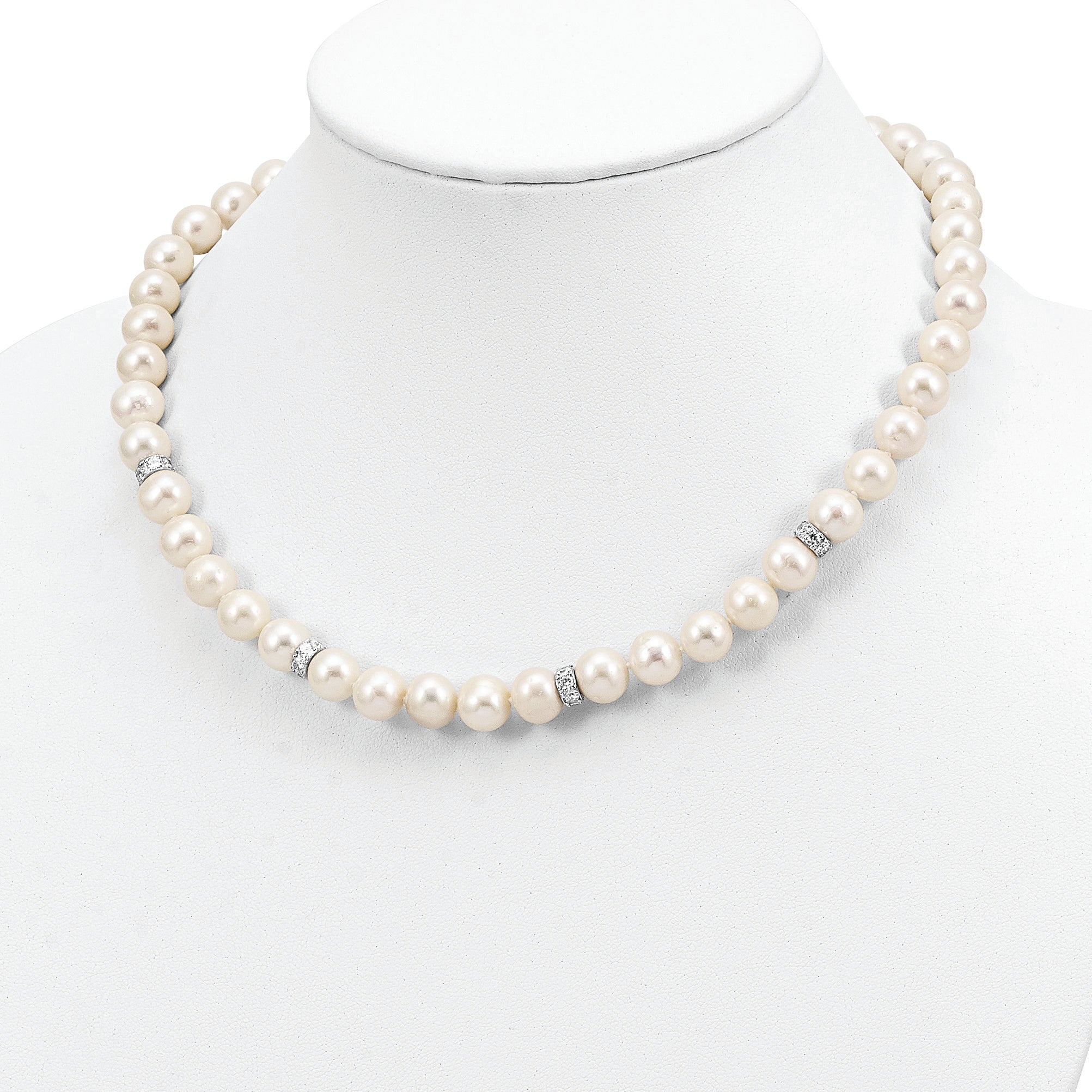 Sterling Silver Rhod-plat 9-10mm White Near Round FWC Pearl CZ Necklace