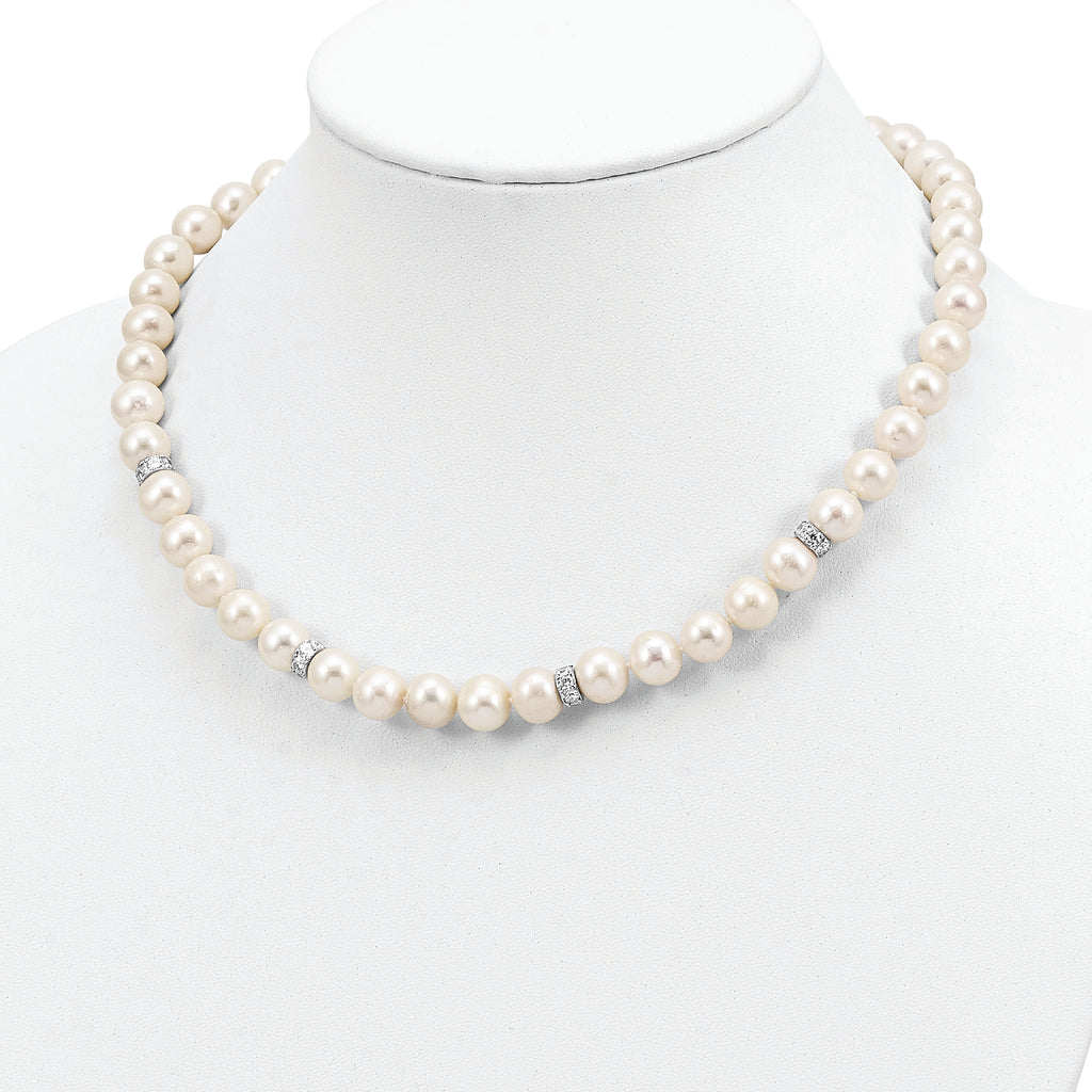 Sterling Silver Rhod-plat 9-10mm White Near Round FWC Pearl CZ Necklace